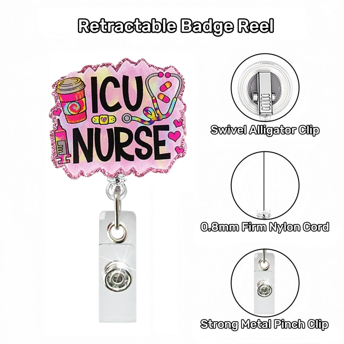 Acrylic Pink Background Icu Nurse Badge Reel