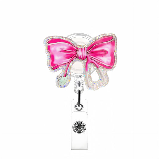 Acrylic Stethoscope Bow Badge Reel Hot Pink