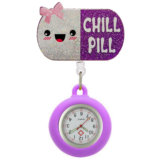 Acrylic Chill Pill Capsule Shape Badge Reel with Fob Watch
