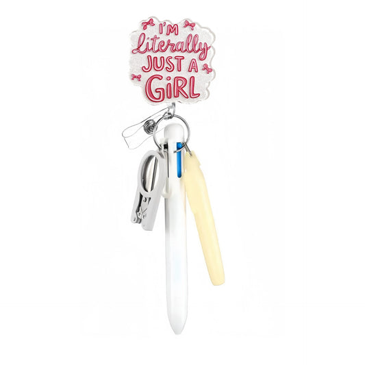 Acrylic Literally Just A Girl Badge Reel with White Pen Set