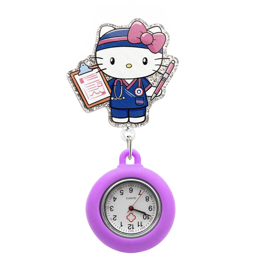 Acrylic Kitty and the Whiteboard Badge Reel with Purple Fob Watch