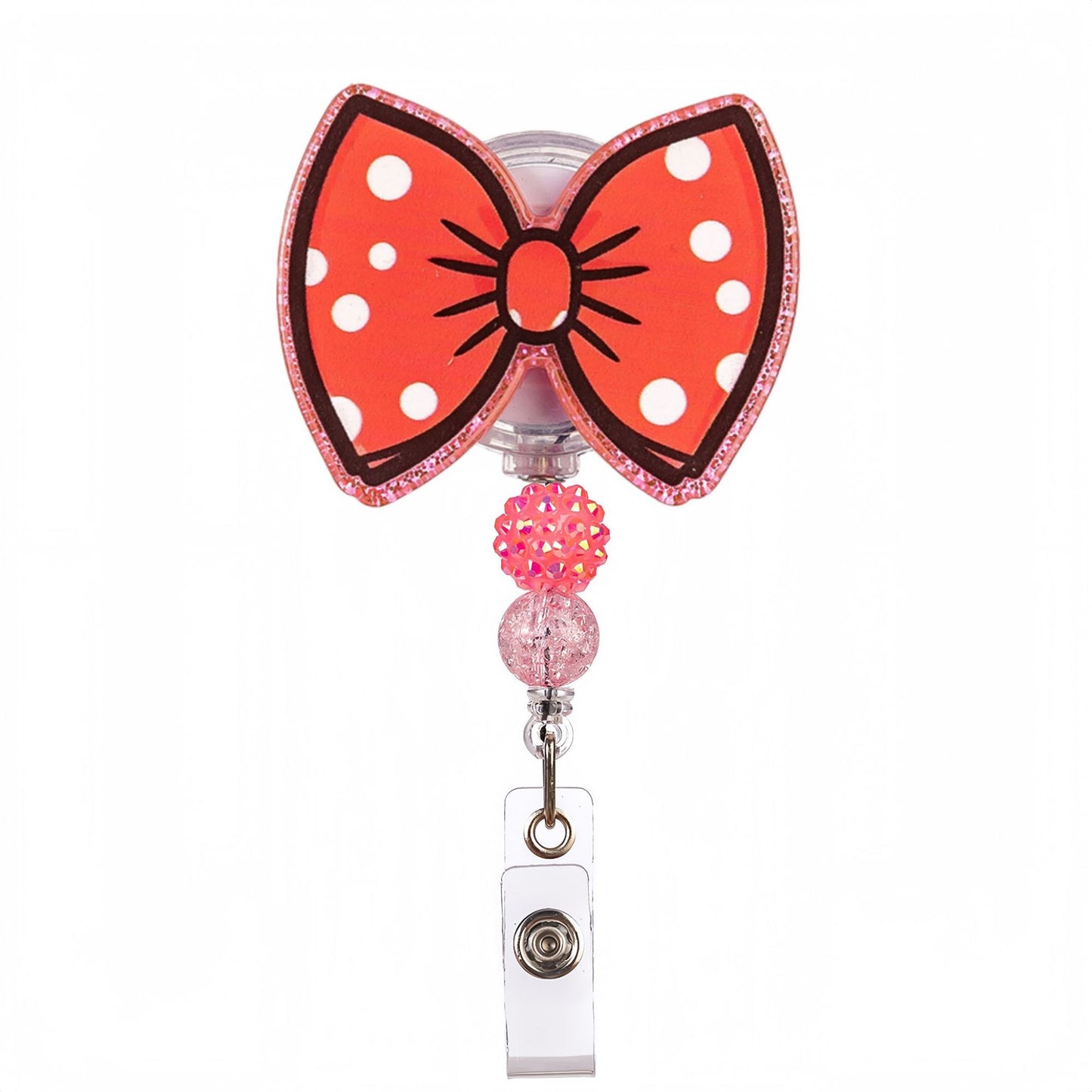 Acrylic Red Polka-dot Bow Beaded Retractable Badge Reel
