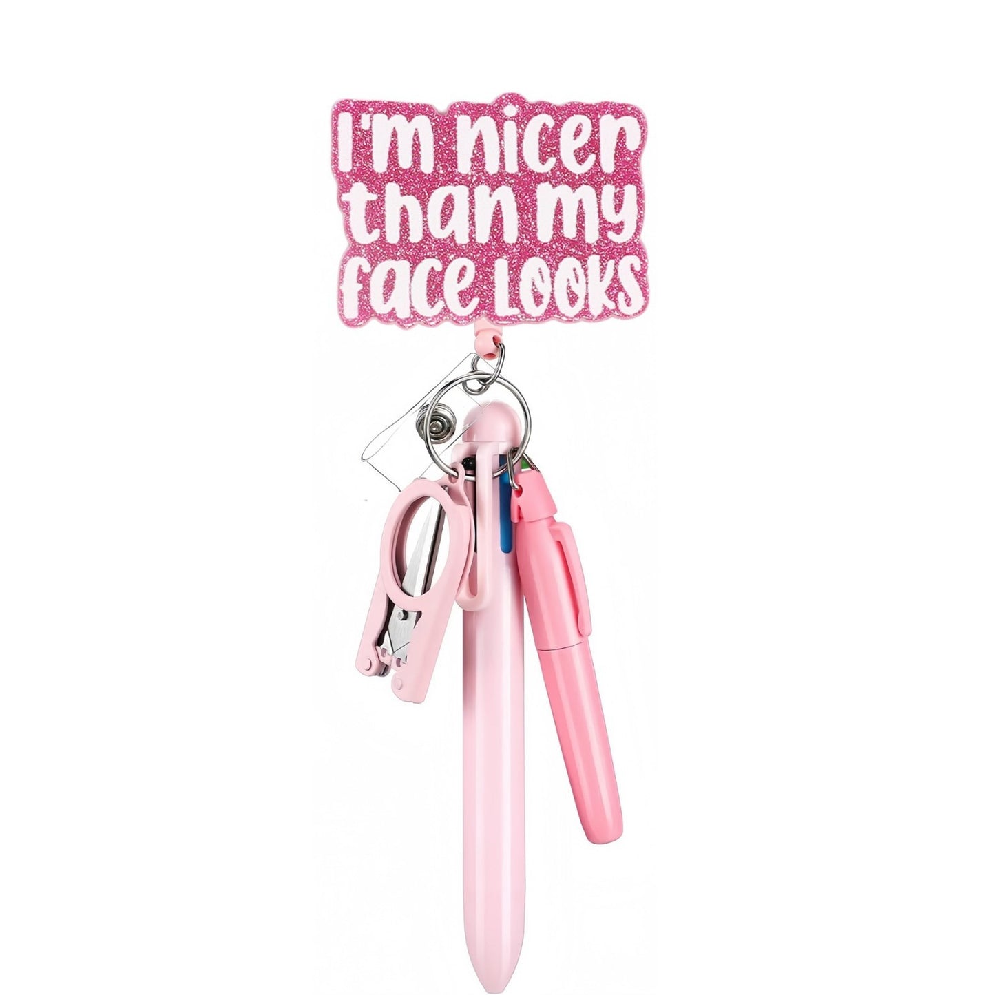 Acrylic Nicer Than My Face Looks Badge Reel with Pink Pen Set