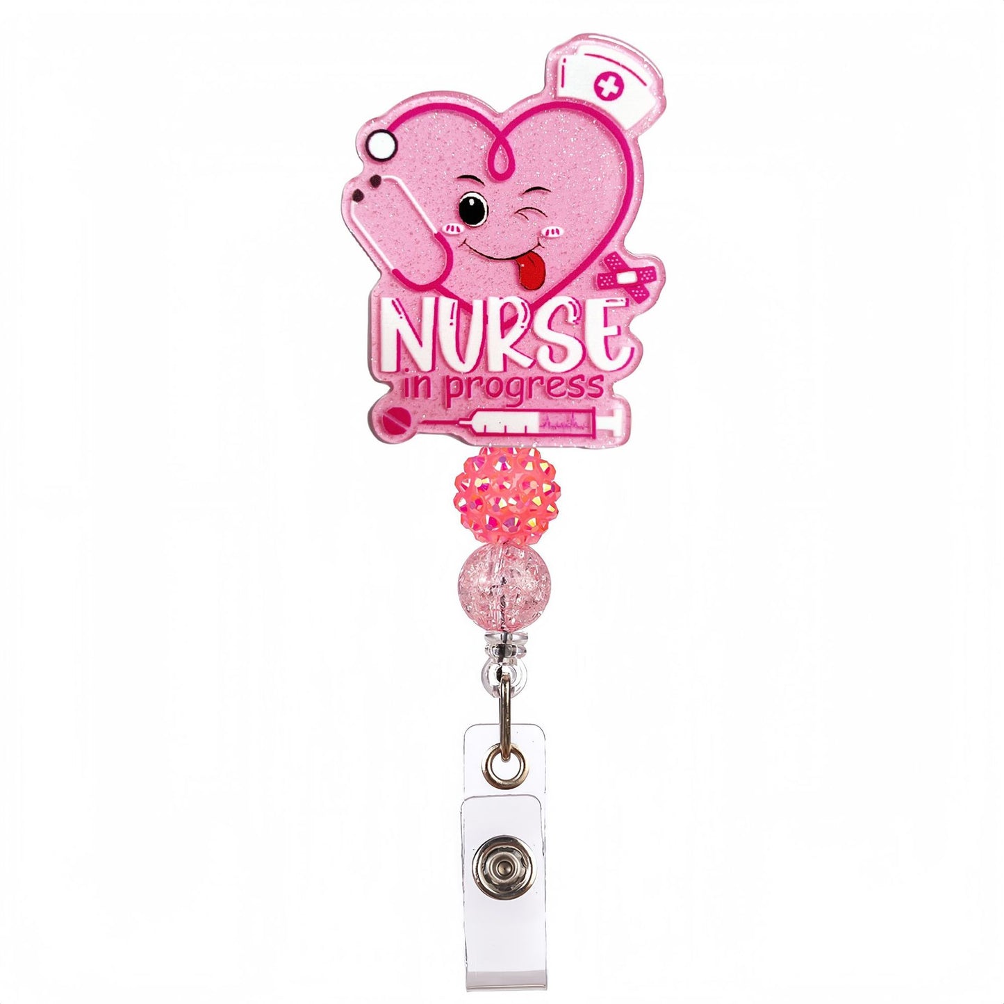 Acrylic Playful Face with Heart Beaded Retractable Badge Reel