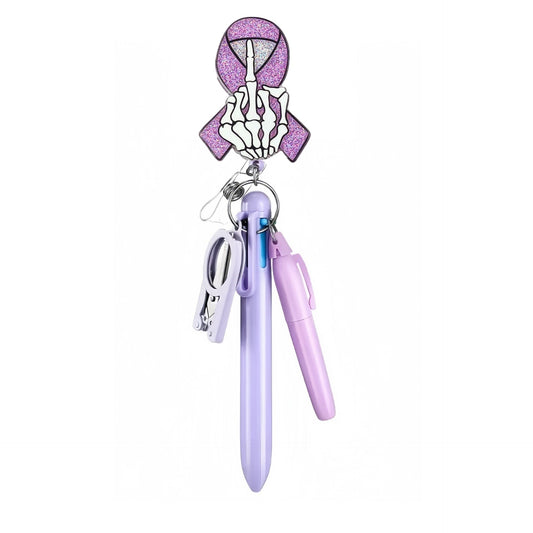Acrylic Skelton Finger Badge Reel with Purple Pen Set