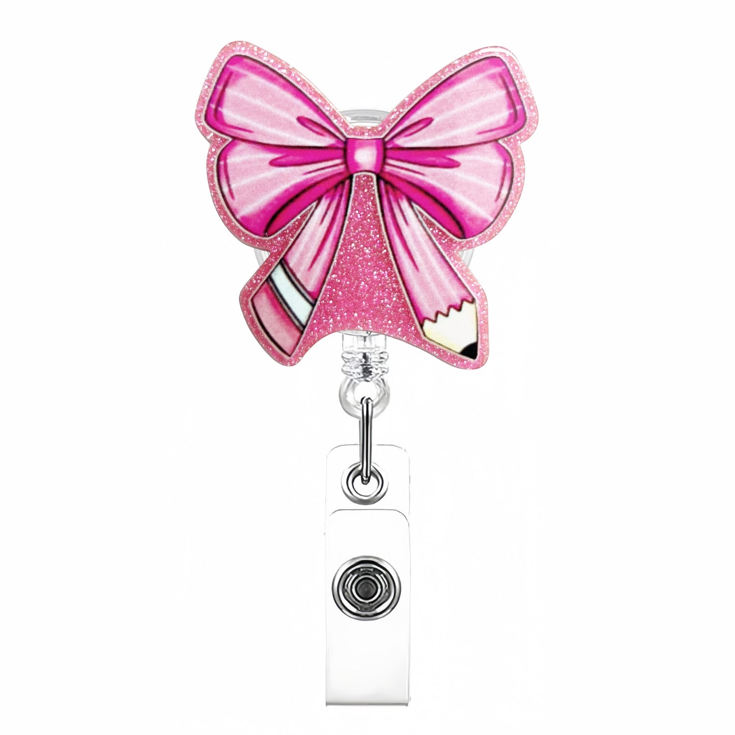 Acrylic Glitter Pink Bow Badge Reel Pencil Tails