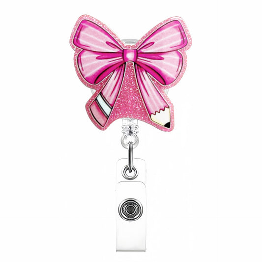Acrylic Glitter Pink Bow Badge Reel Pencil Tails