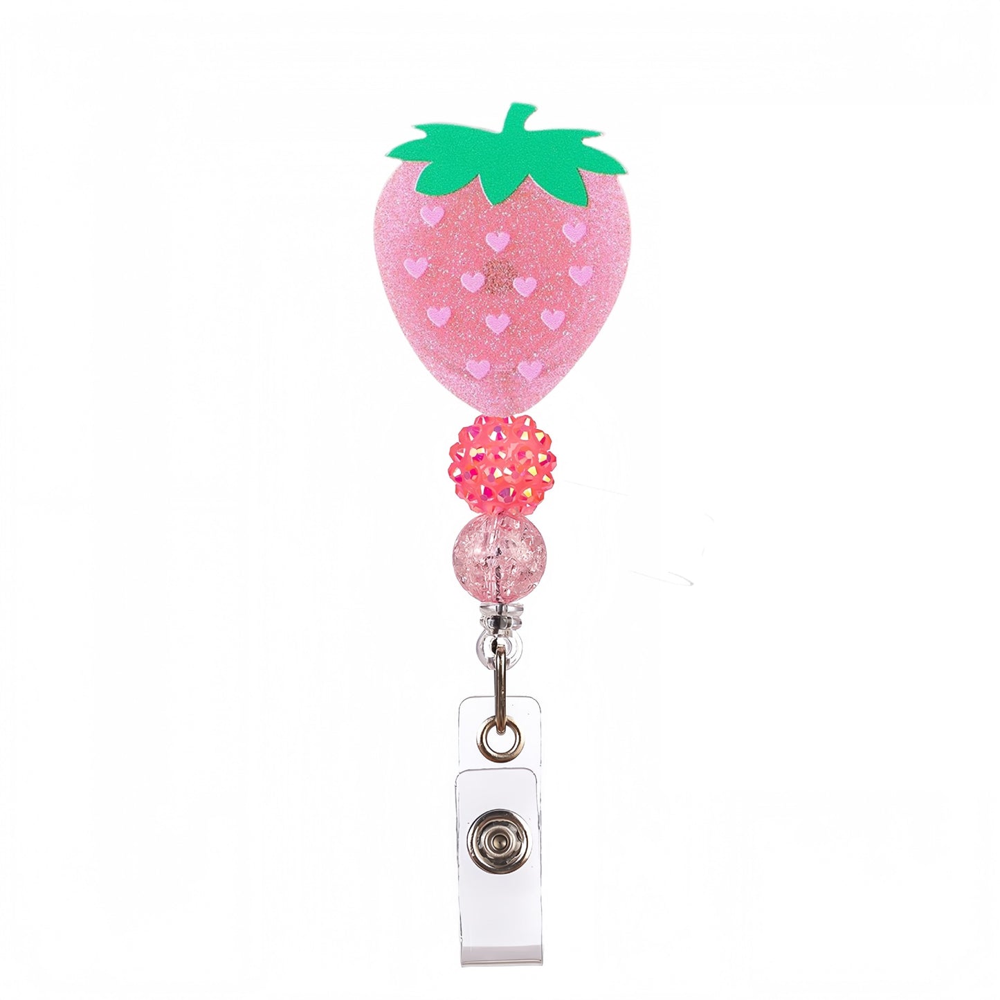 Acrylic Pink Strawberry Beaded Retractable Badge Reel