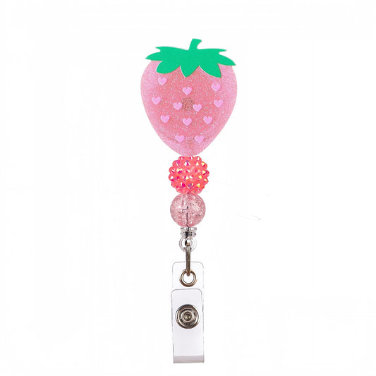 Acrylic Pink Strawberry Beaded Retractable Badge Reel