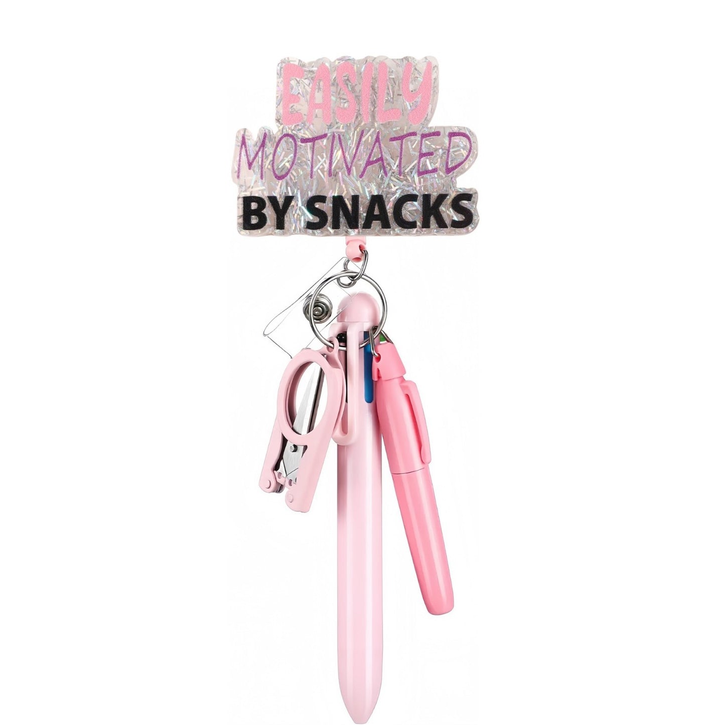Easily Motivated by Snacks Badge Reel with Pink Pen Set