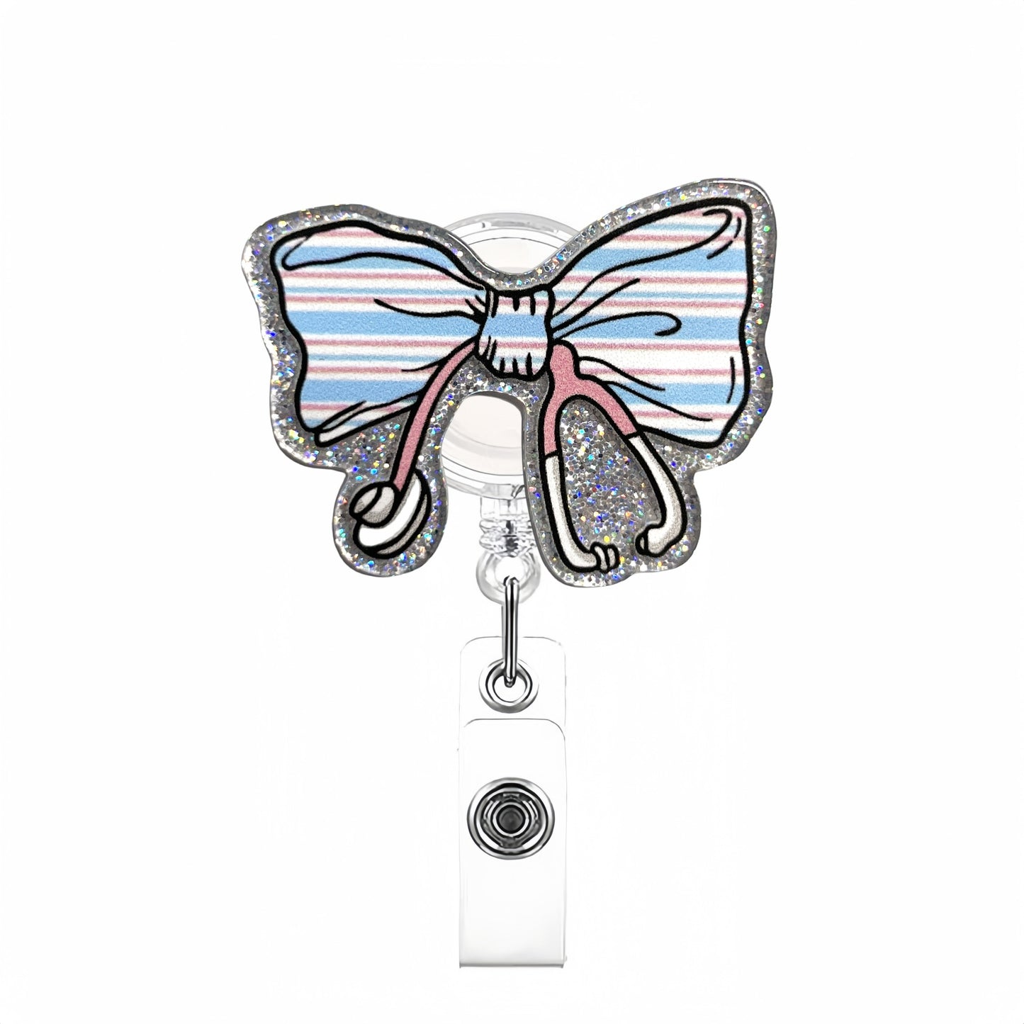Acrylic Blue Striped Bow Stethoscope Badge Reel