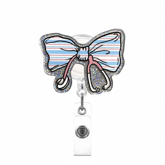 Acrylic Blue Striped Bow Stethoscope Badge Reel