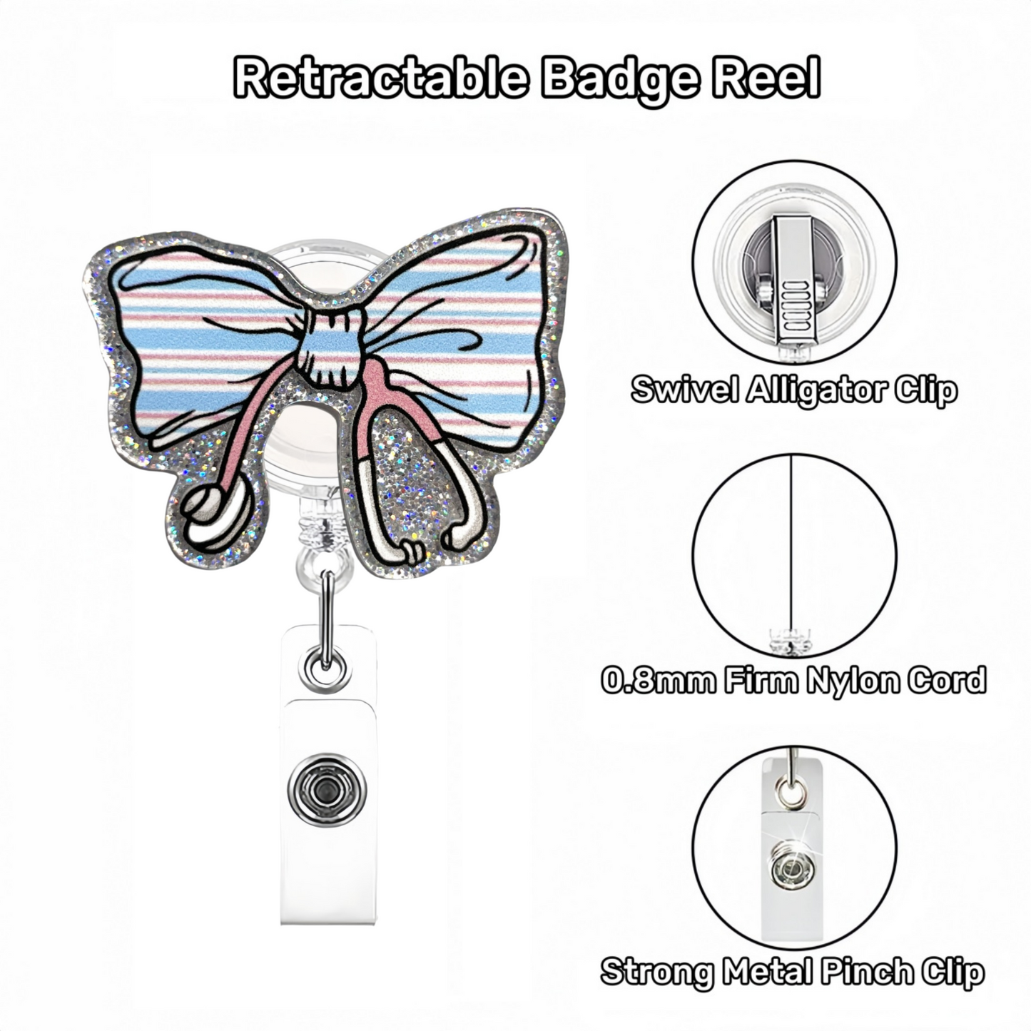 Acrylic Blue Striped Bow Stethoscope Badge Reel