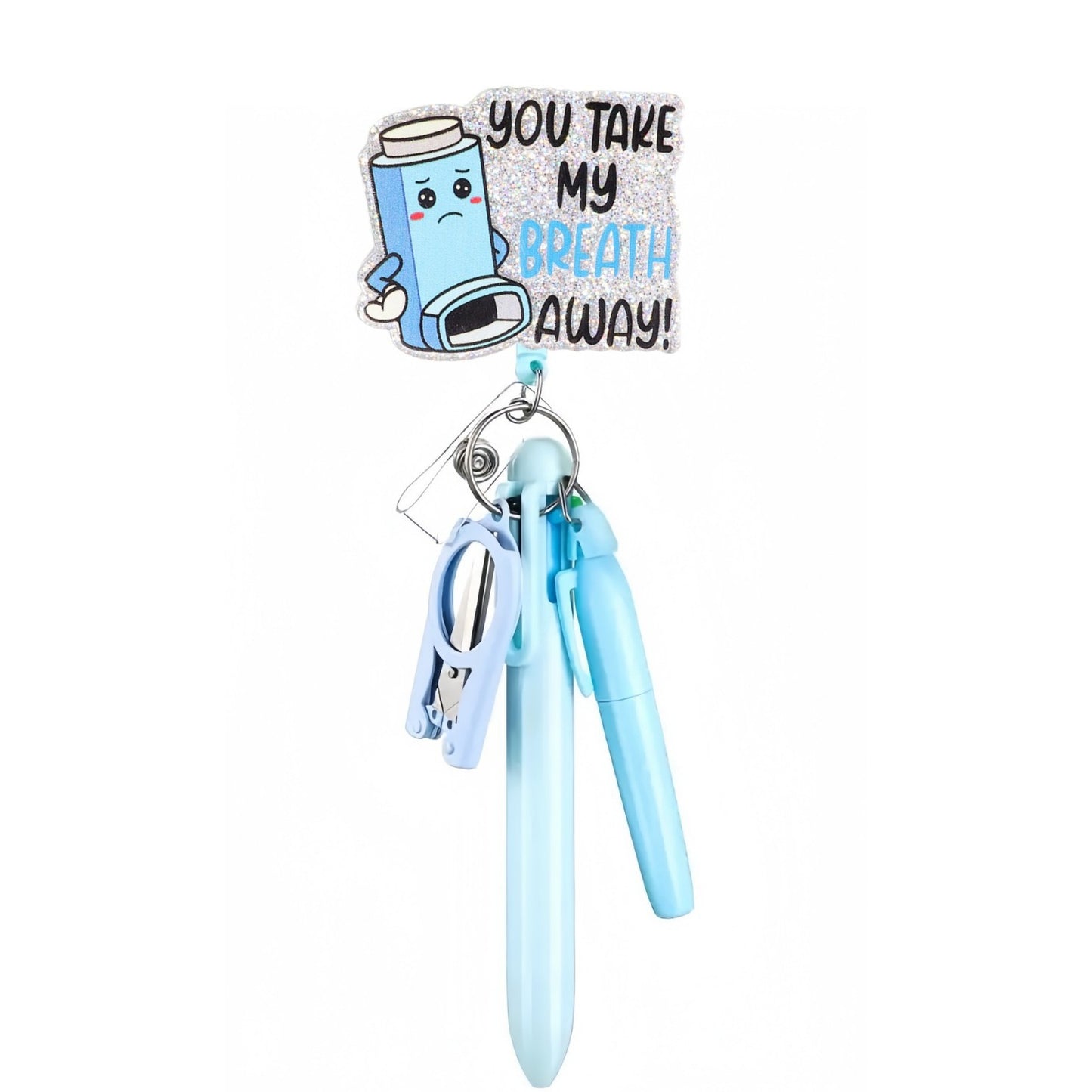 Acrylic Take My Breath Away Badge Reel with Blue Pen Set