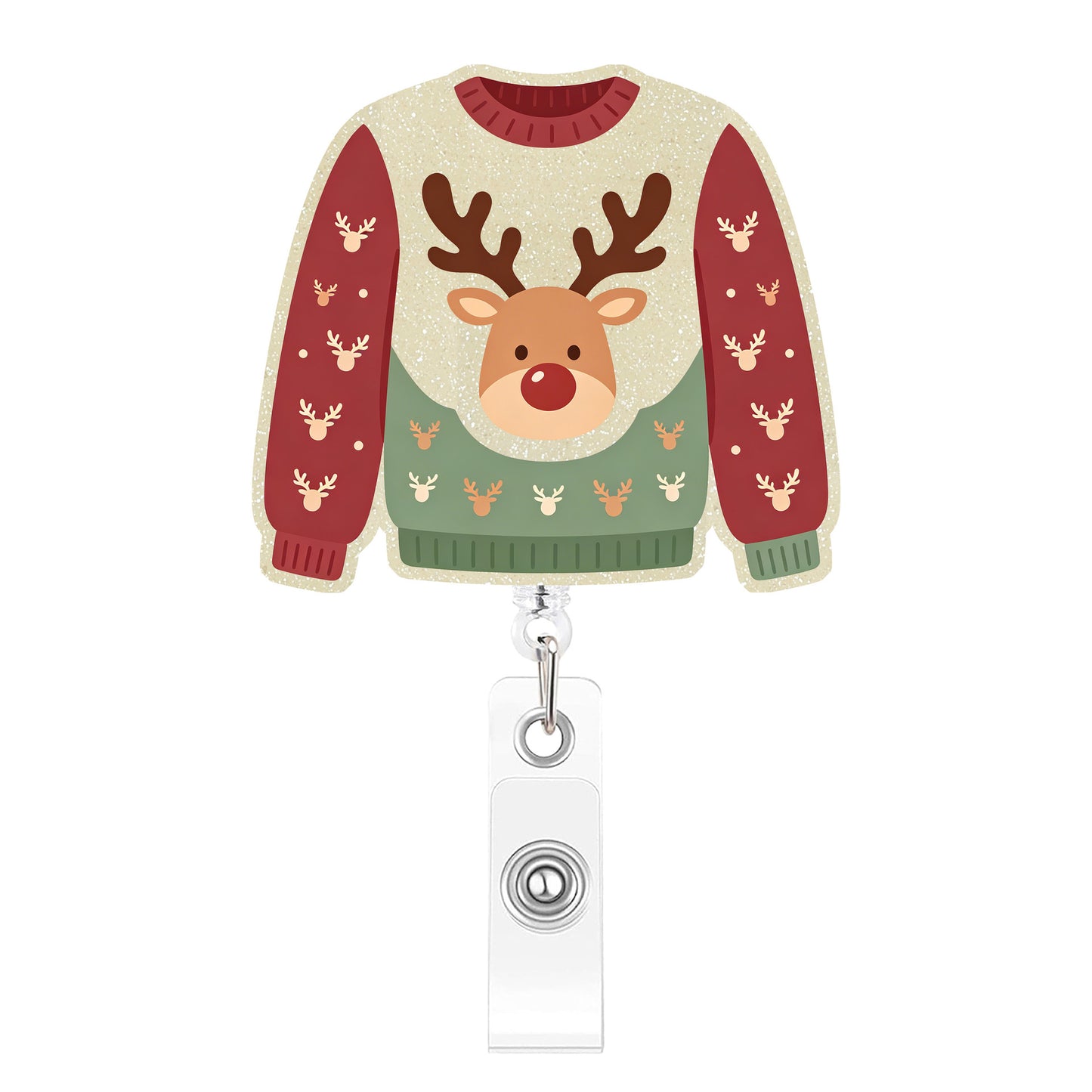 Red And White Deer Head Sweater Acrylic Badge Reel