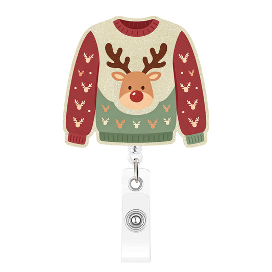 Red And White Deer Head Sweater Acrylic Badge Reel