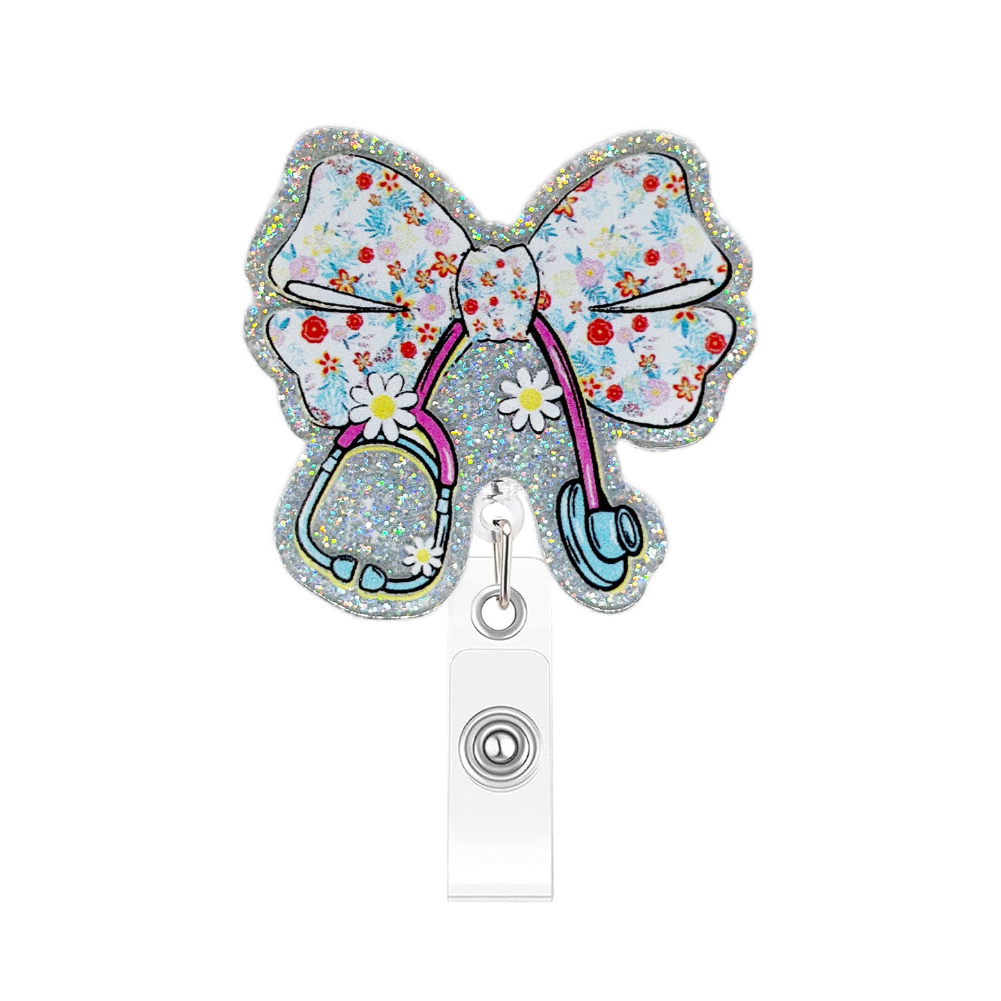 Acrylic Patterned Bow with Stethoscope Badge Reel