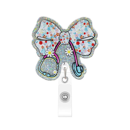 Acrylic Patterned Bow with Stethoscope Badge Reel