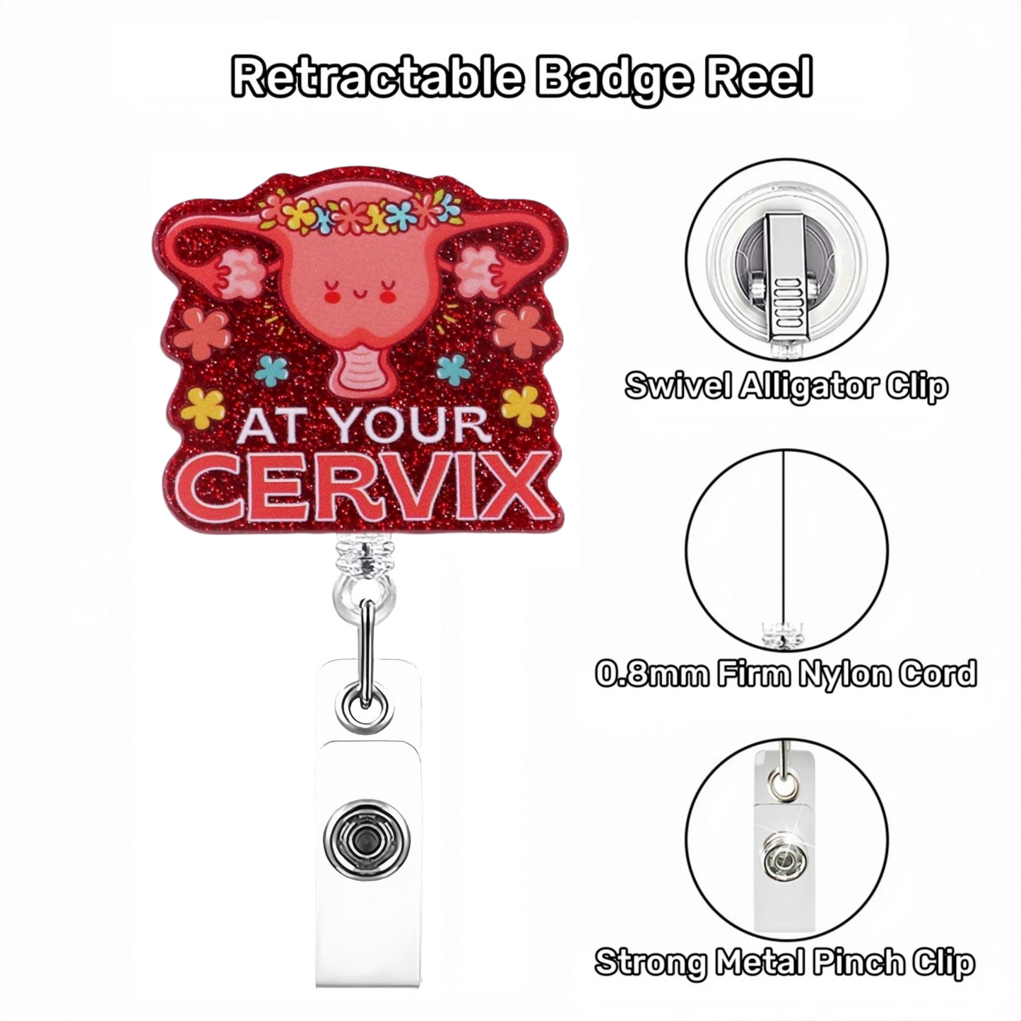 Acrylic Red Glitter Foundation Cervix Badge Reel