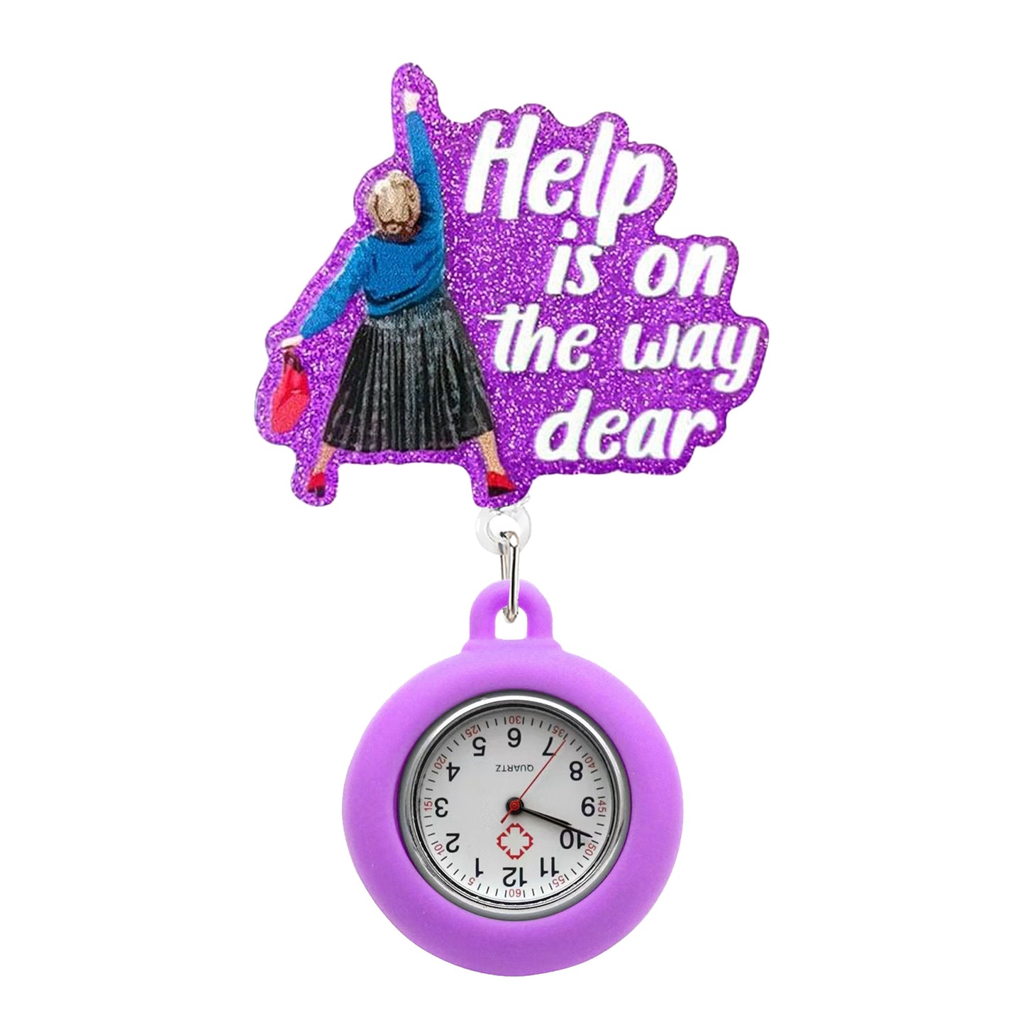 Help is On The Way Dear Badge Reel with Fob Watch (Purple)