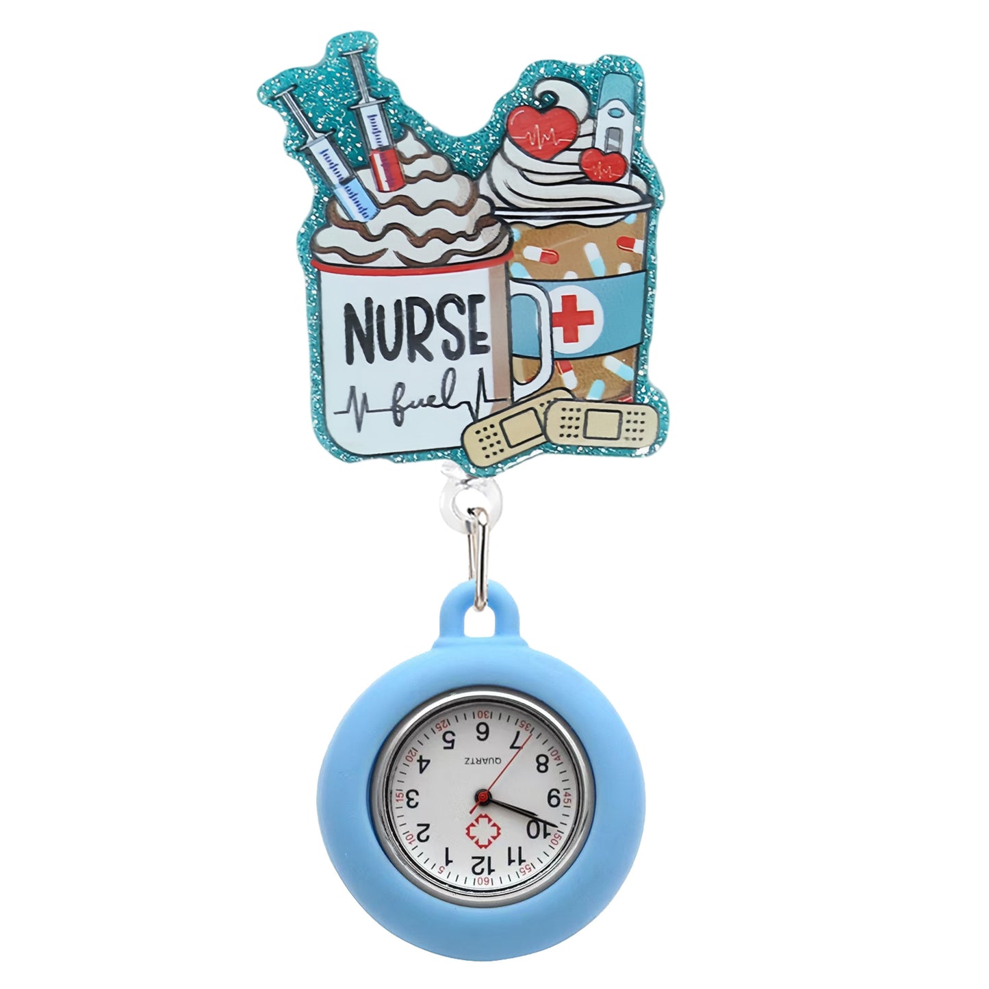 Glitter Blue Nurse Badge Reel with Blue Fob Watch
