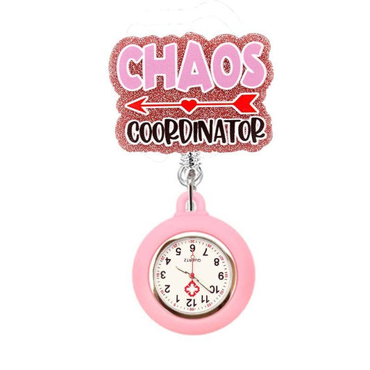 Acrylic Chaos Coordinator Badge Reel with Pink Fob Watch