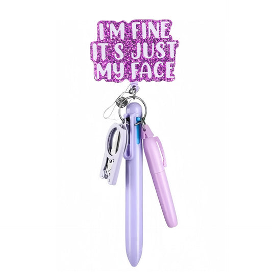 Im Fine It's Just My Face Badge Reel with Purple Pen Set