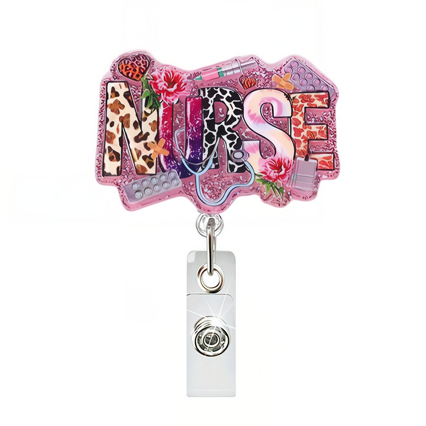 Acrylic Word Nurse with Flowers Badge Reel