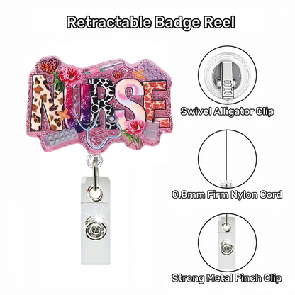 Acrylic Word Nurse with Flowers Badge Reel