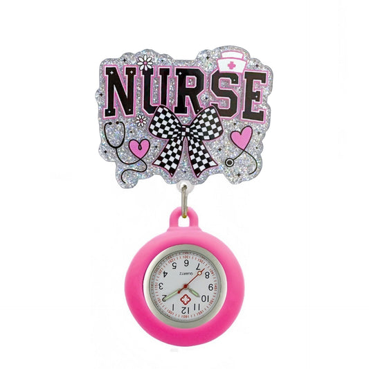 Acrylic Black&White Bow Nurse Badge Reel with Pink Fob Watch