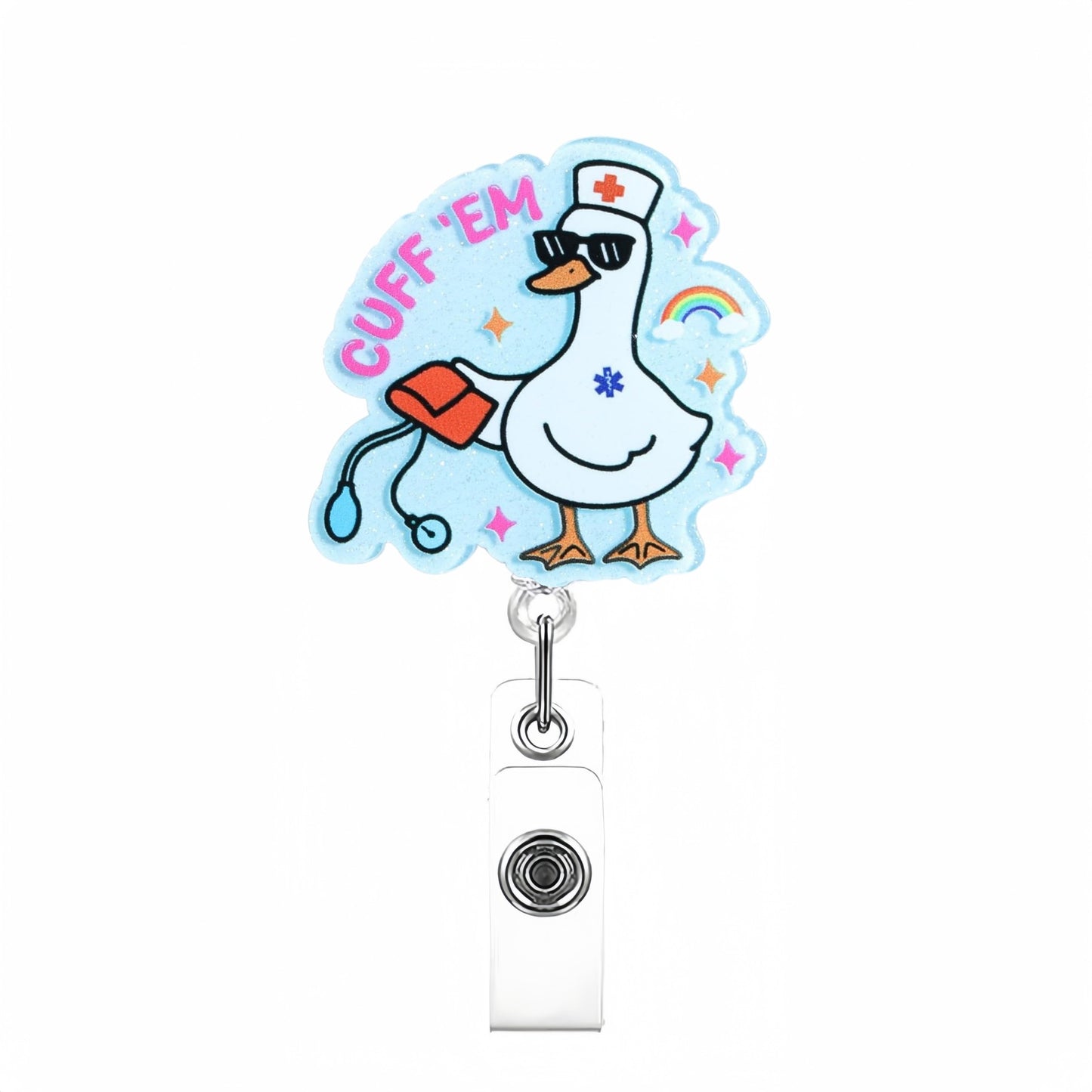 Acrylic CUFF‘EM Goose with Blue Background Badge Reel