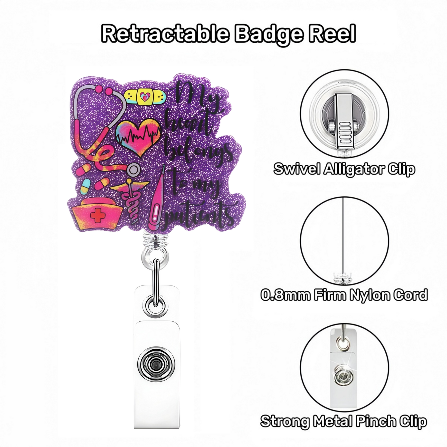 Acrylic Purple Glitter Medical Supplies Badge Reel
