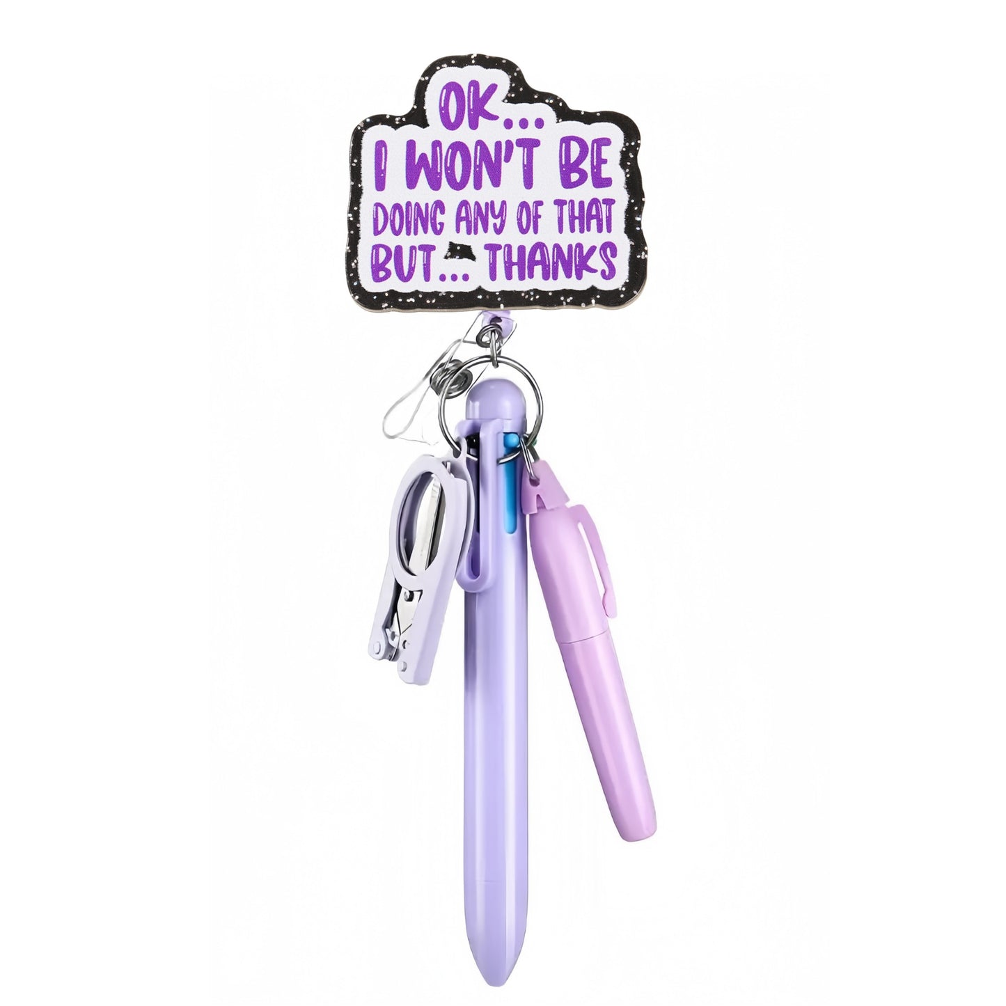 Funny Words Badge Reel with Purple Pen Set