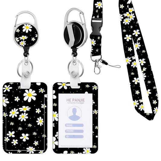Black Background White Daisy ID Badge Holder Set