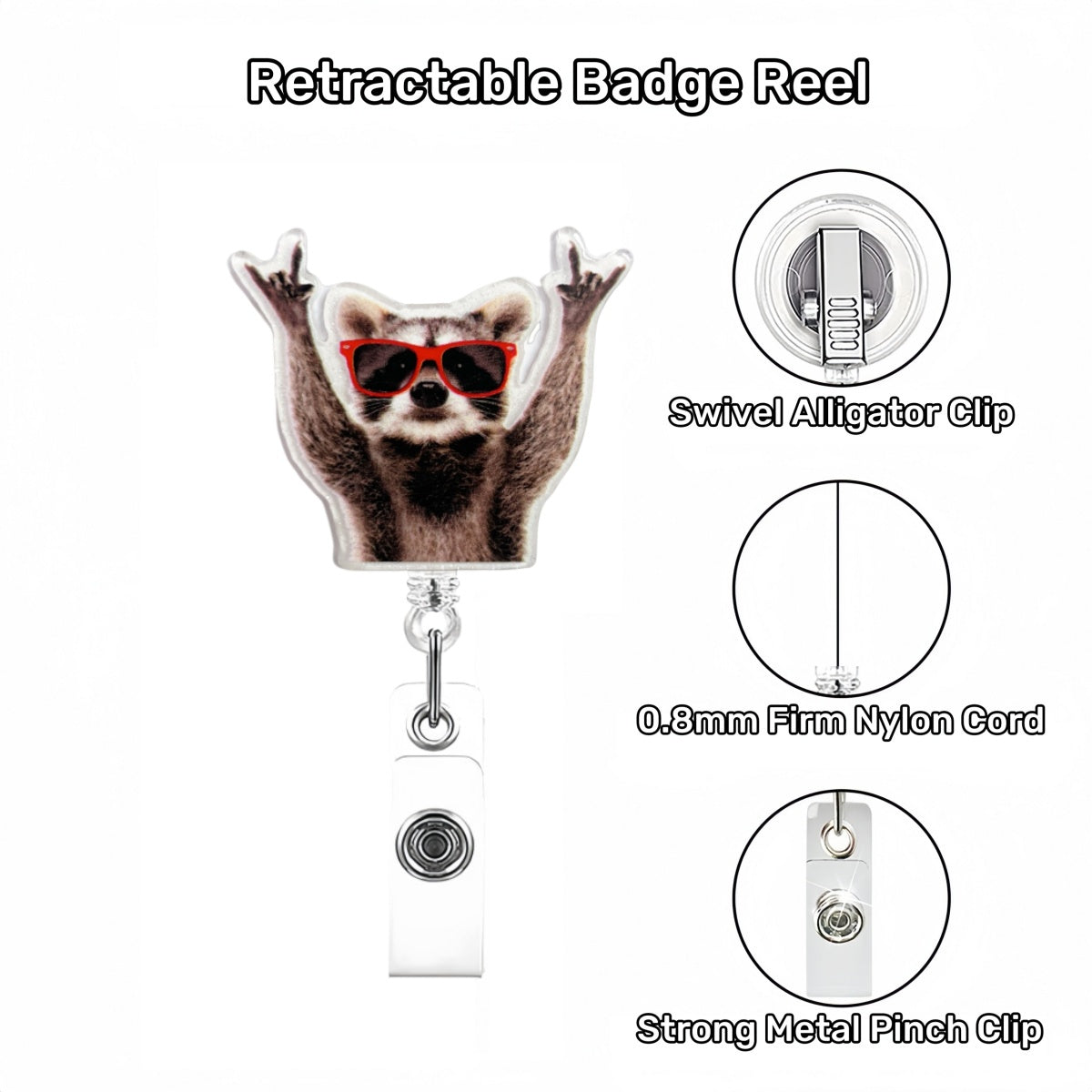 Acrylic Raccoon with Glasses Badge Reel