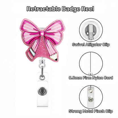 Acrylic Glitter Pink Bow Badge Reel Pencil Tails