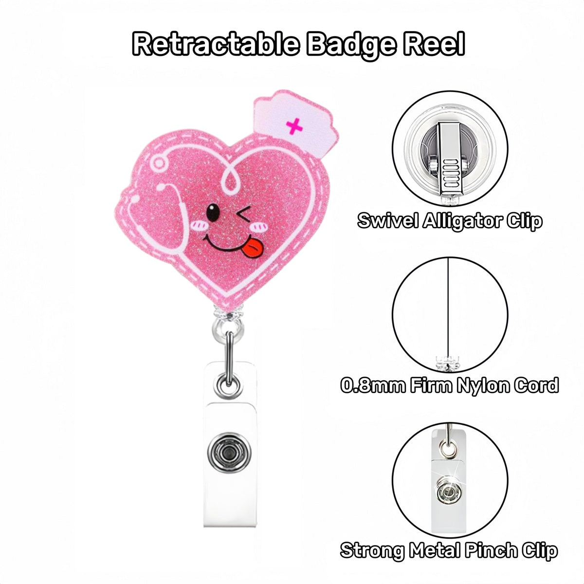 Acrylic Cute Nurse Badge Reel Glitter Pink