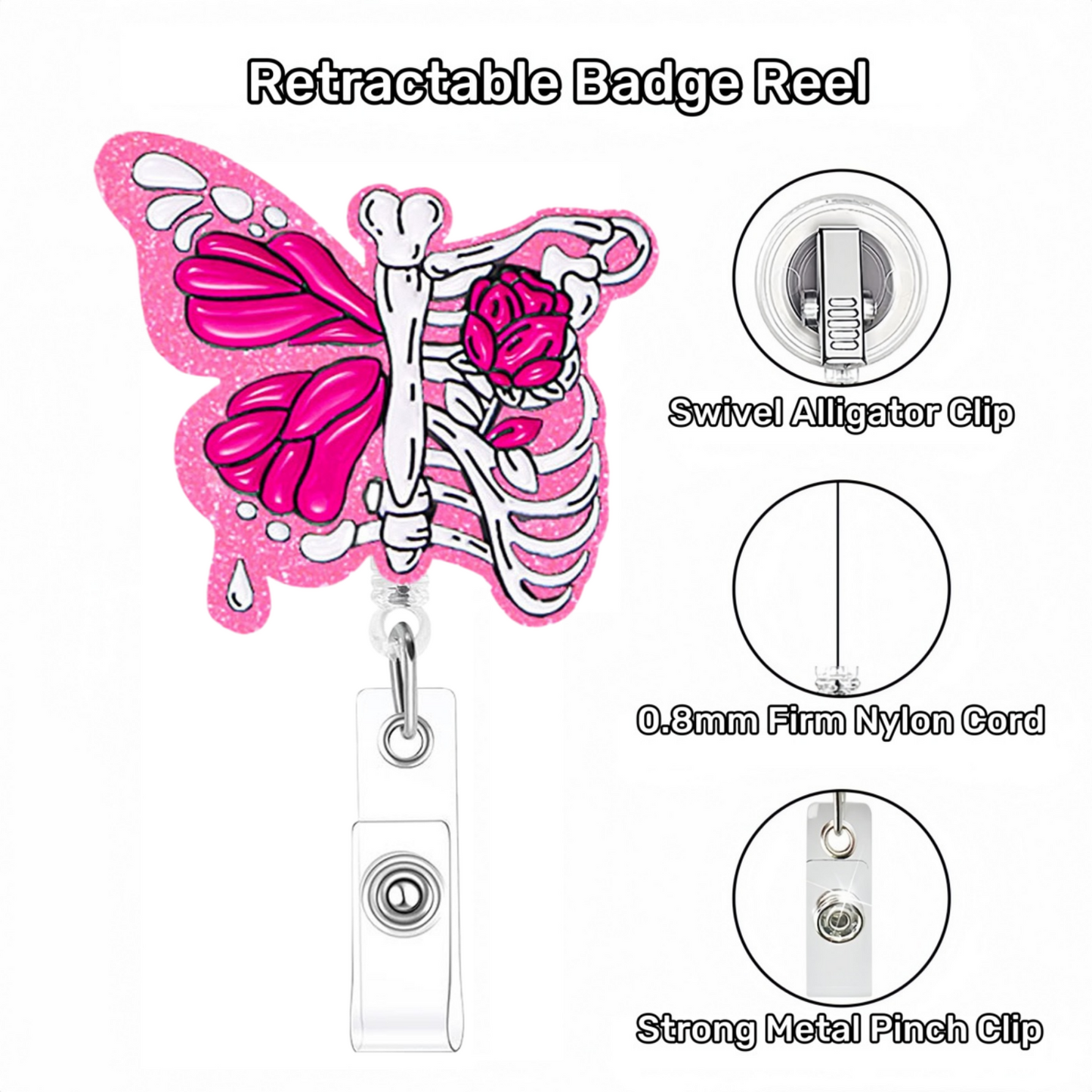 Acrylic Pink Butterfly Sternum Badge Reel