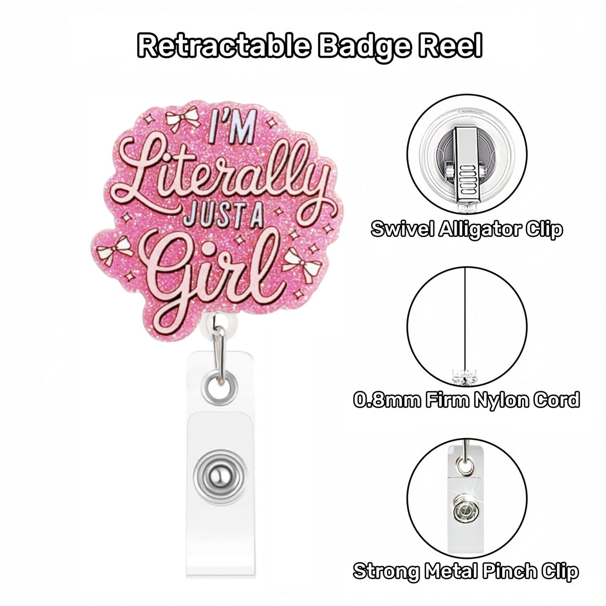 Acrylic Literally Just A Girl Badge Reel Glitter Pink