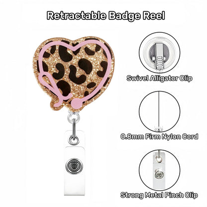 Acrylic Leopard Heart Badge Reel Golden Glitter