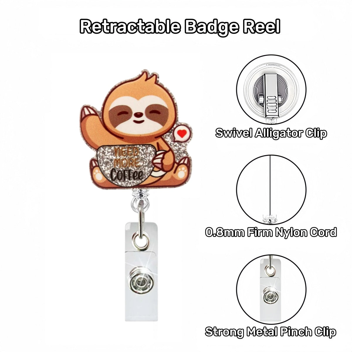 Acrylic Need More Coffee Sleepy Monkey Badge Reel