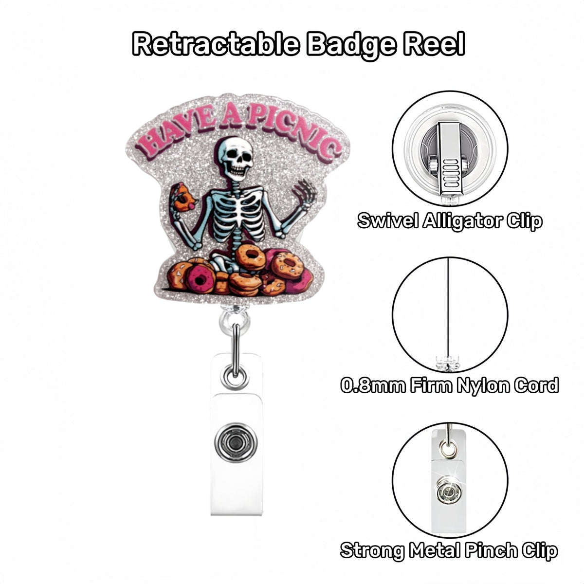 Acrylic Have A Picnic Skelton Badge Reel