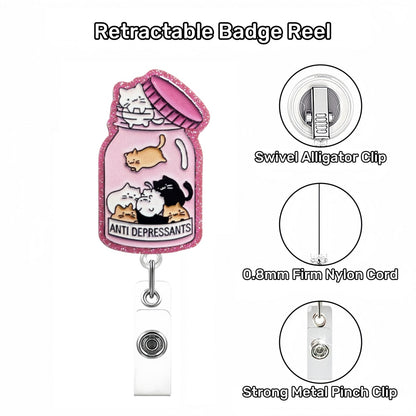 Acrylic Pink Bottle with Cats Badge Reel