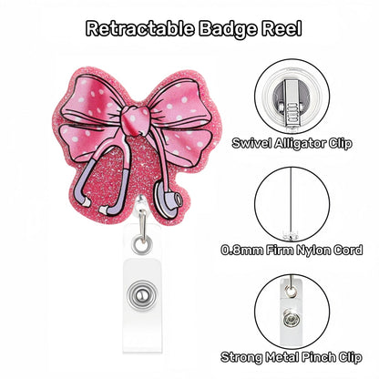 Acrylic Pink Glitter Bow Badge Reel
