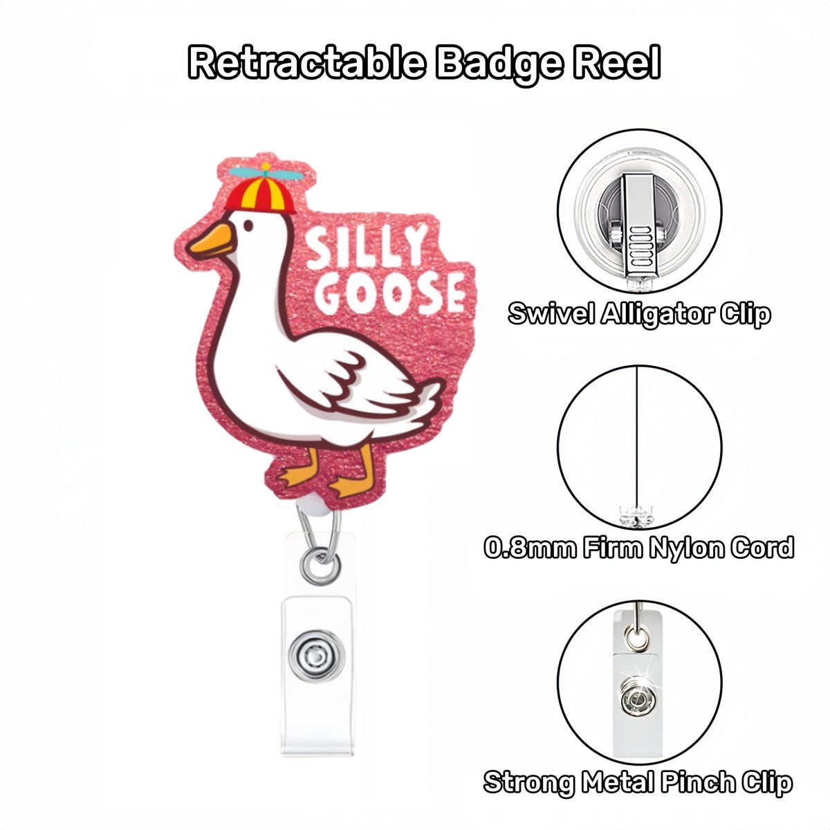 Acrylic Glitter Pink Silly Goose Badge Reel